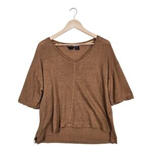 Tahari Linen Knit Top M Brown Minimalist Boxy High Low Lightweight Tee